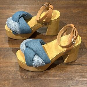 Blue and Tan Platform Sandals with Chunky Heel
